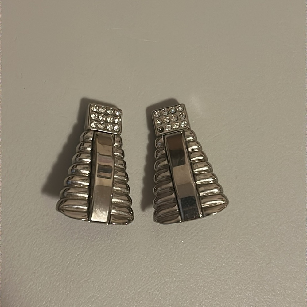 Vintage Gianni Versace Silver Clip-On geometric Earrings with Rhinestones